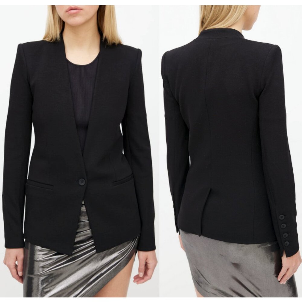 HELMUT LANG Single Button Collarless V-Neck Blazer in Black Size L